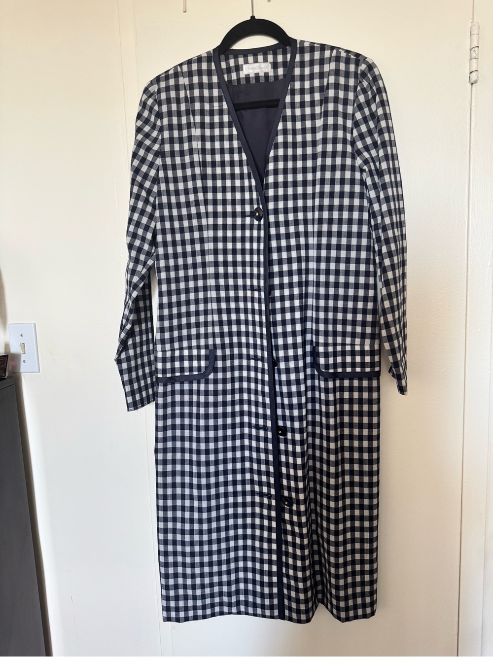 Women's Navy and White Gingham Long Trench Coat
